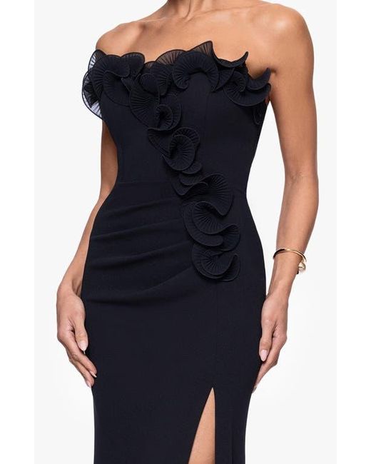Xscape Evenings Blue Ruffle Detail Strapless Scuba Crepe Sheath Gown