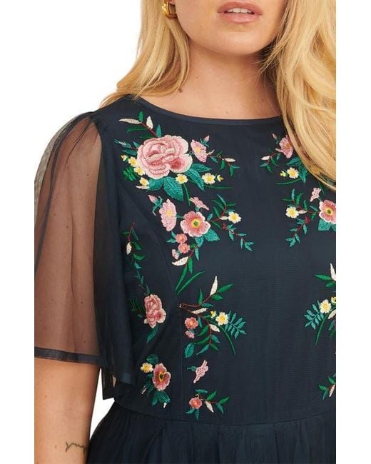 Yumi' Blue Embroidered Mesh Sleeve Prom Dress