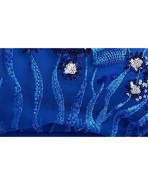 Tadashi Shoji Blue Sequin Blouson Bodice Long Sleeve Gown