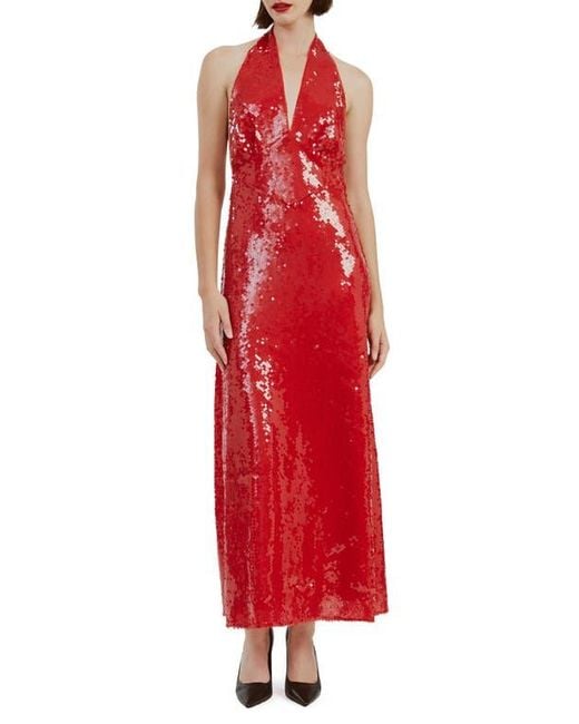 bardot yve halter open-back sequin maxi dress Bardot Yve Sequin Satin Halter-Neck Dress
