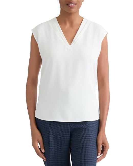 Kasper White Pleated V-Neck Top