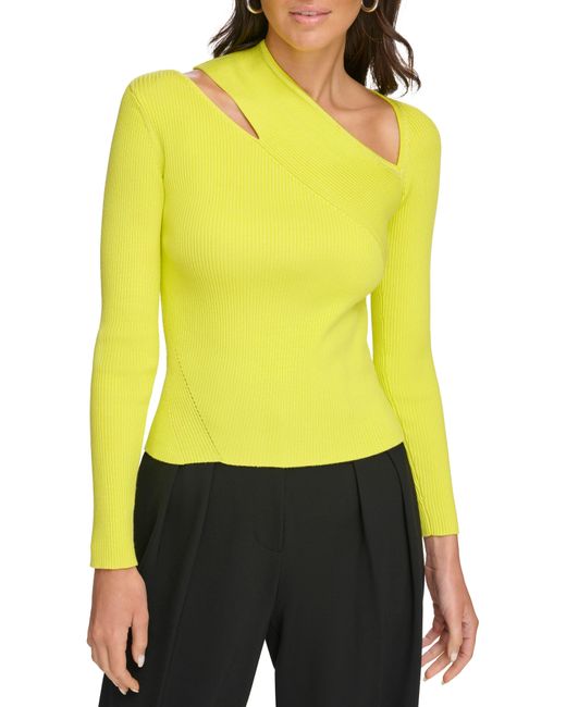 DKNY Yellow Cutout Shoulder Asymmetric Neck Rib Sweater