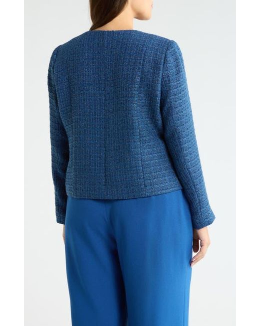 Tahari Blue Collarless Bouclé Jacket