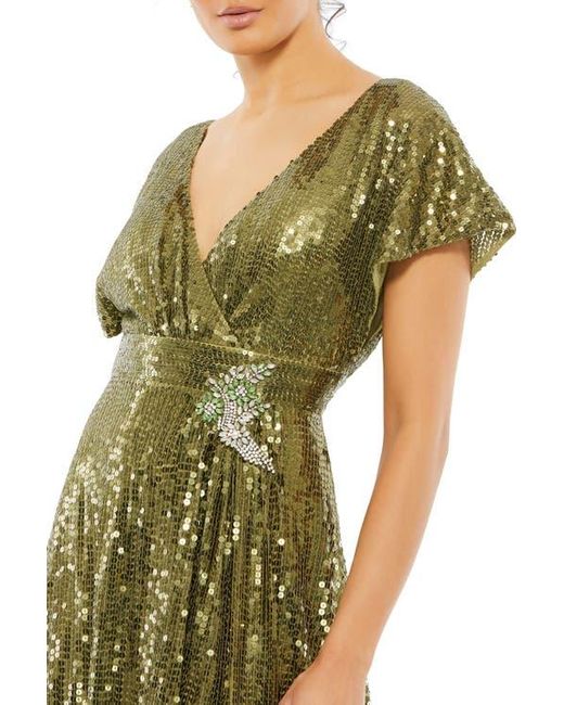 Mac Duggal Green Sequined Butterfly Sleeve Wrap Over A Line Gown