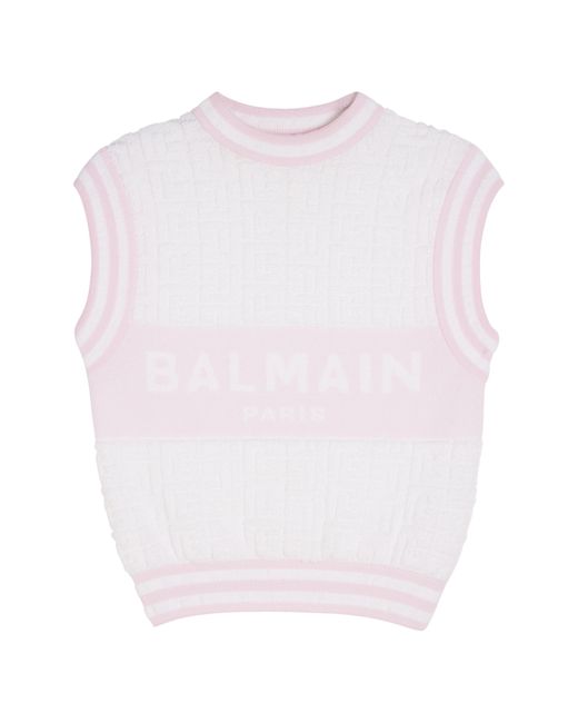 Balmain White Monogram Sponge Knit Sleeveless Sweater