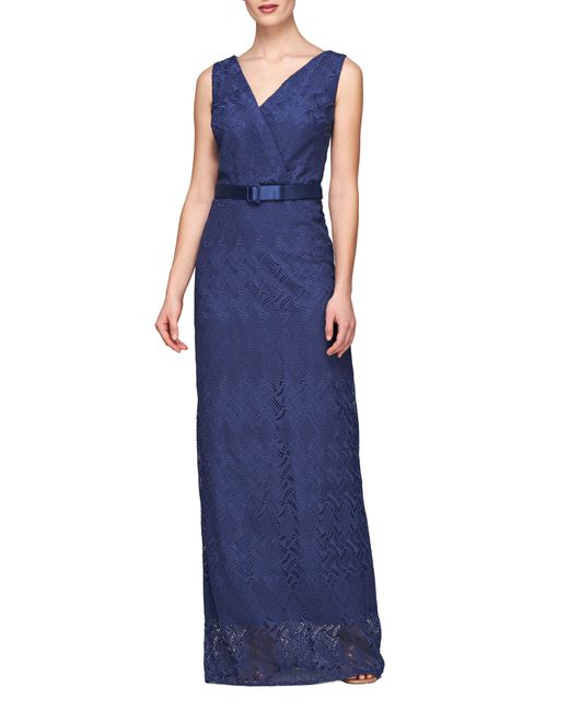 Kay Unger Blue Hendrix Sleeveless Lace Column Gown