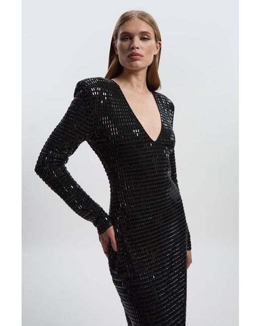 long sleeve plunge midi dress Karen Millen Premium Crystal Embellished Long Sleeve Plunge Neck Midi Dress in Black