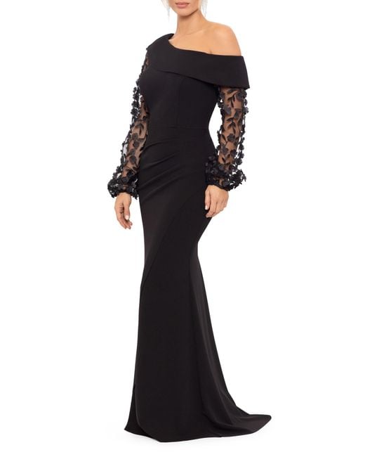 Xscape Black Floral Appliqué Long Sleeve Gown