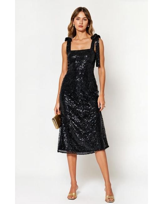 Modenaire Black Sequin Midi Dress With Tie Straps And Square Neckline
