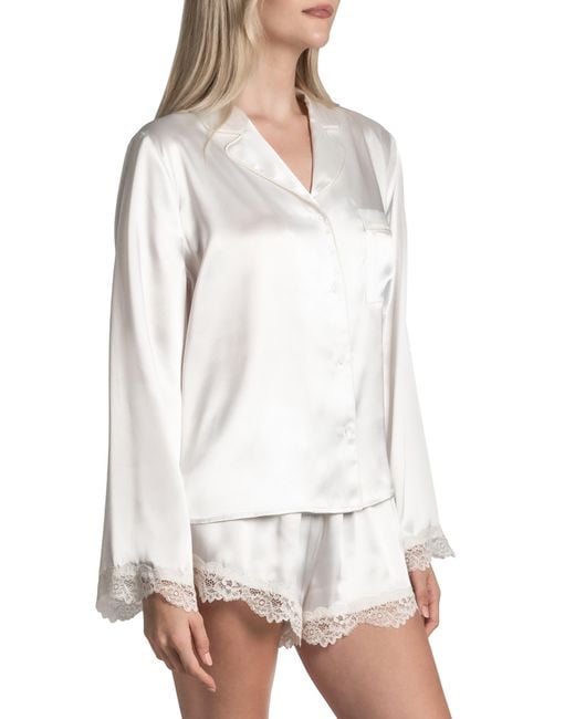 In Bloom White Felicity Lace Trim Long Sleeve Satin Shorts Pajamas