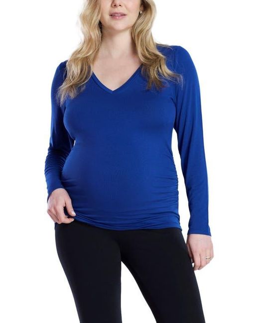 Motherhood Maternity Blue V-Neck Side-Ruched Maternity Long Sleeve Tee