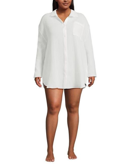 Lands' End White Oversized Gauze Button Front Cover-Up Shirt