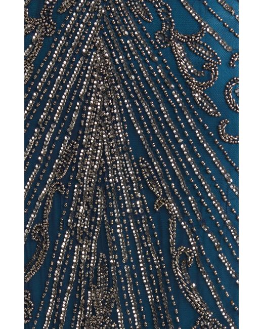 Pisarro Nights Blue Illusion Beaded Mesh Column Gown