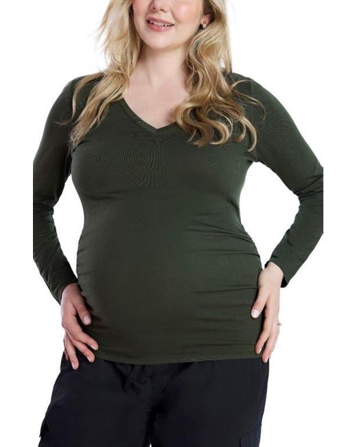 Motherhood Maternity Gray V-Neck Side-Ruched Maternity Long Sleeve Tee