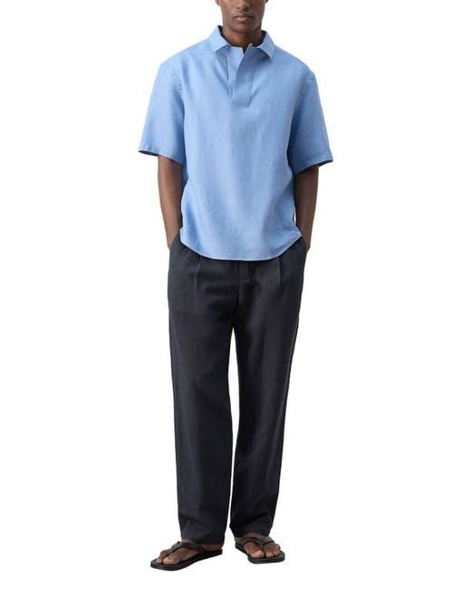 Mango Blue Solid Slub Linen Polo for men