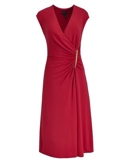 Donna Karan Red Faux Wrap Jersey Midi Dress