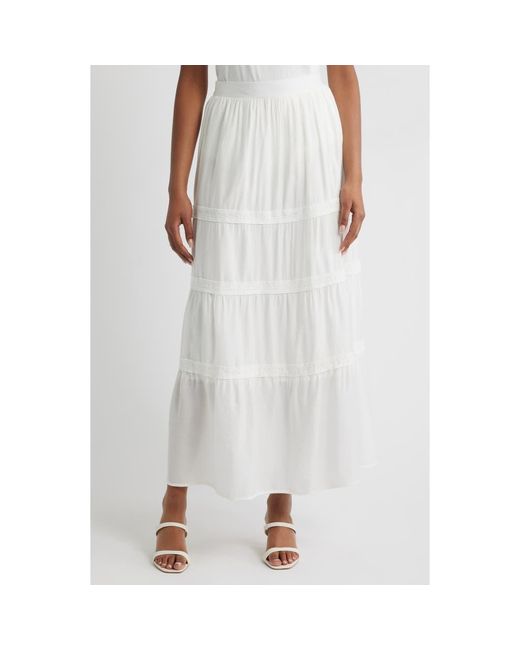 Bobeau White Lace Accent Tiered Maxi Skirt