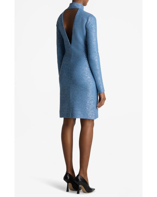 St. John Blue Iridescent Sequin Long Sleeve Back Cutout Sweater Dress