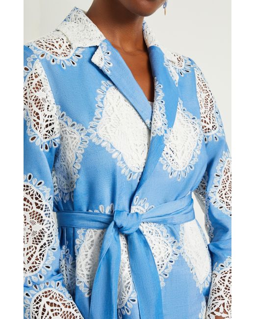 Misook Blue Heritage Lace Inset Tie Waist Jacket
