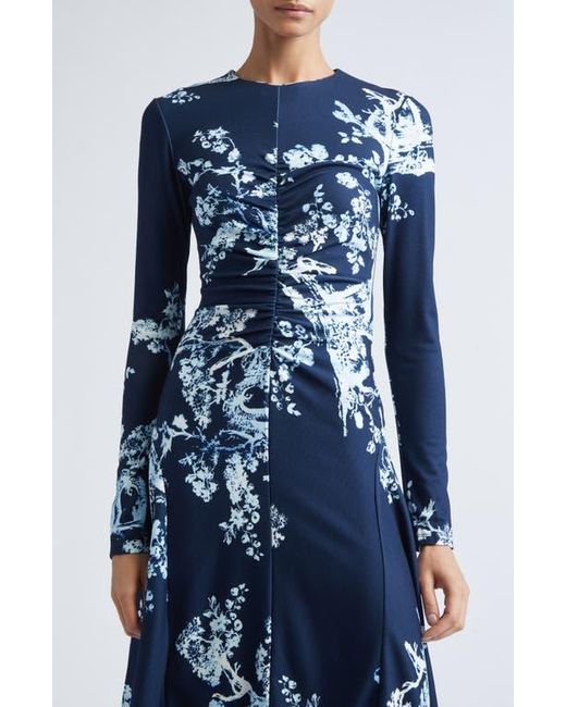 Erdem Blue Gathered Floral Print Jersey Midi Dress