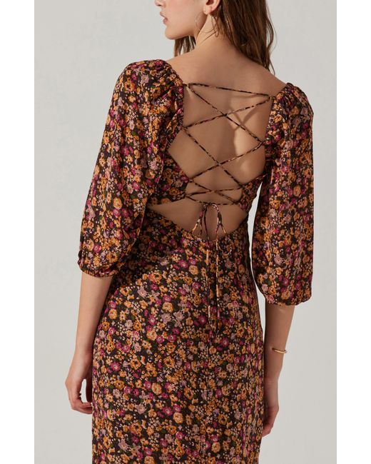 Astr Brown Floral Cinched Bodice Lace-up Back Dress