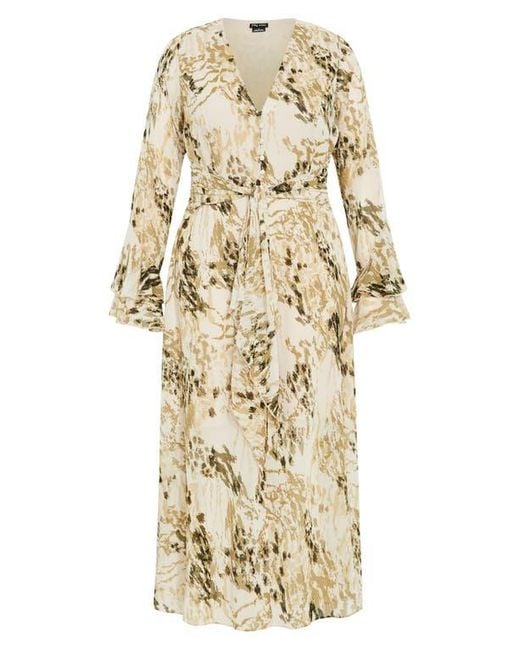 City Chic Natural Print Tie Waist Long Sleeve Maxi Dress