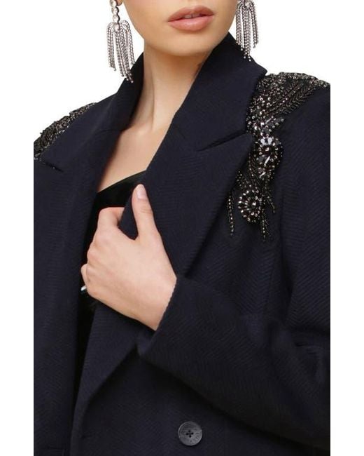 Avec Les Filles Black Embellished Double Breasted Wool Blend Tailored Coat