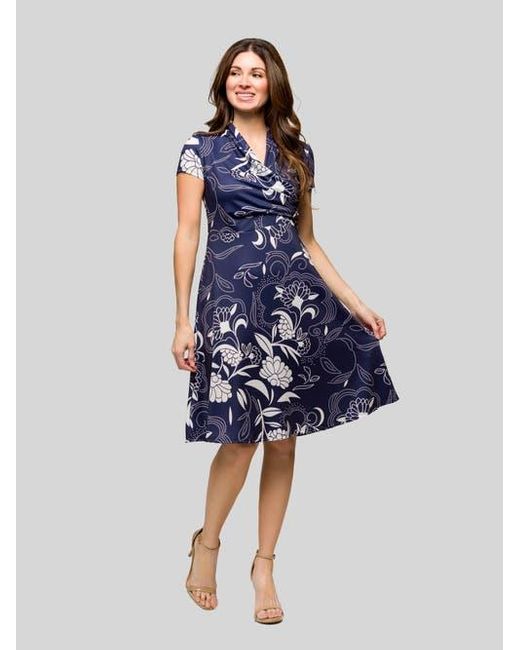 24seven Comfort Apparel Blue Print Short Sleeve Knee Length V-Neck Wrap Dress