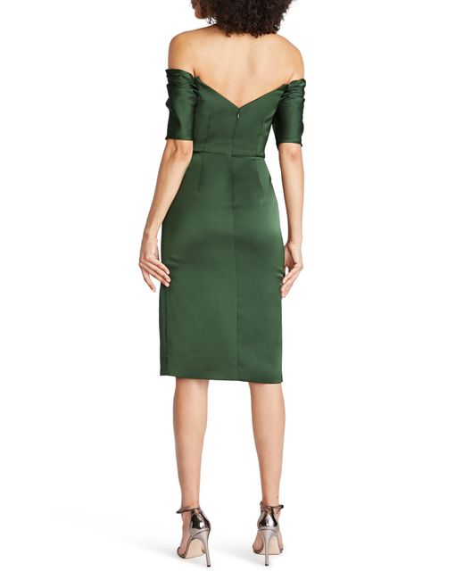 THEIA Green Holland Pleated Off The Shoulder Satin Cocktail Dress