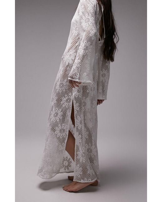 TOPSHOP Gray Long Sleeve Floral Lace Cover-up Maxi Dress