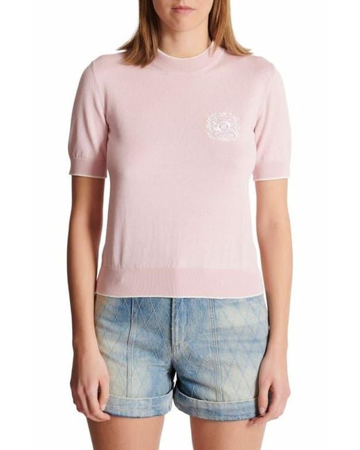 Balmain Pink Emblème-Embroidered Knit Top