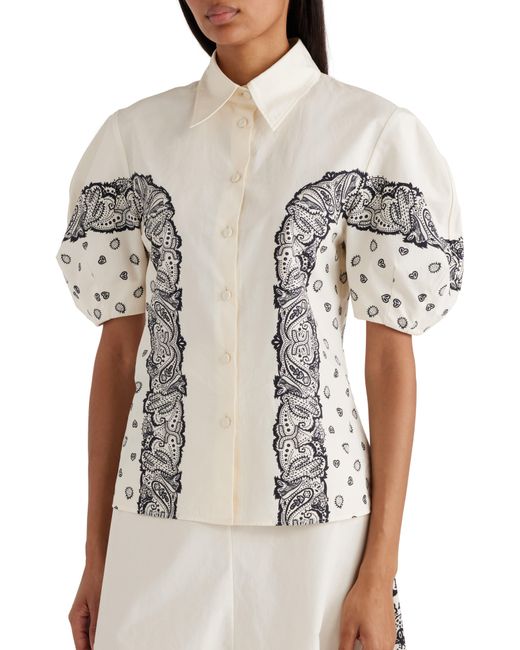 Chloé Natural Embroidered Puff Sleeve Button-up Shirt