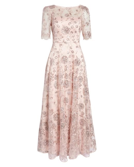 Eliza J Pink Sequin Floral Illusion Lace Fit & Flare Gown