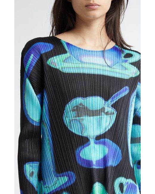 Pleats Please Issey Miyake Blue Thermal Floods Print Pleated Top