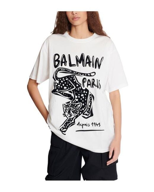 Balmain White Short-Sleeved T-Shirt With Leopard Print