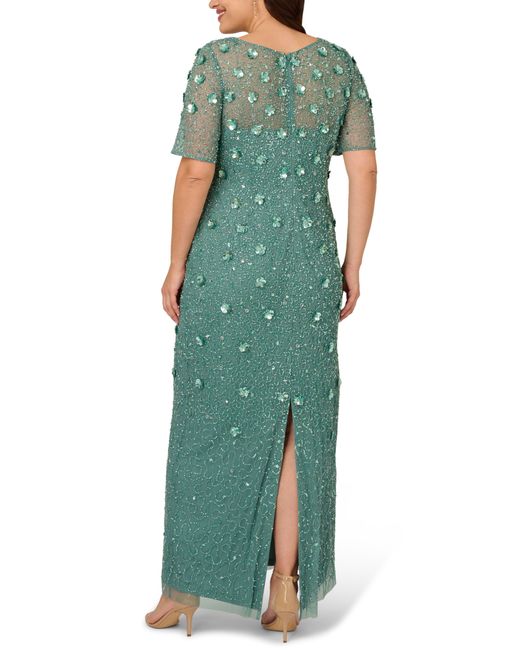 Adrianna Papell Green 3d Floral Beaded Evening Gown