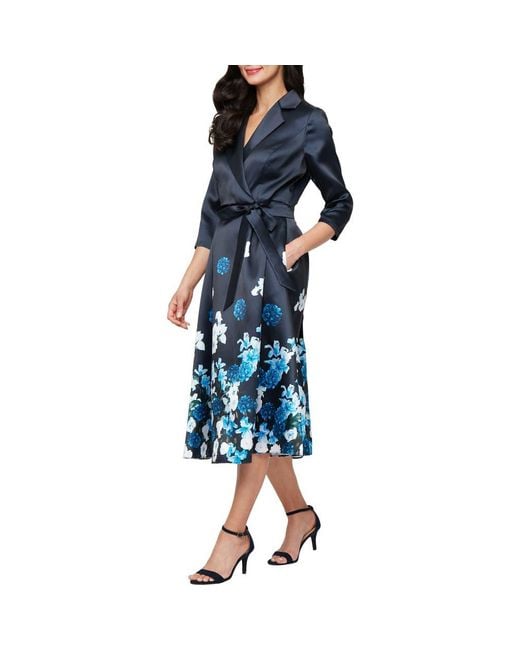 Alex Evenings Blue Placement Print Faux Wrap Mikado Cocktail Dress