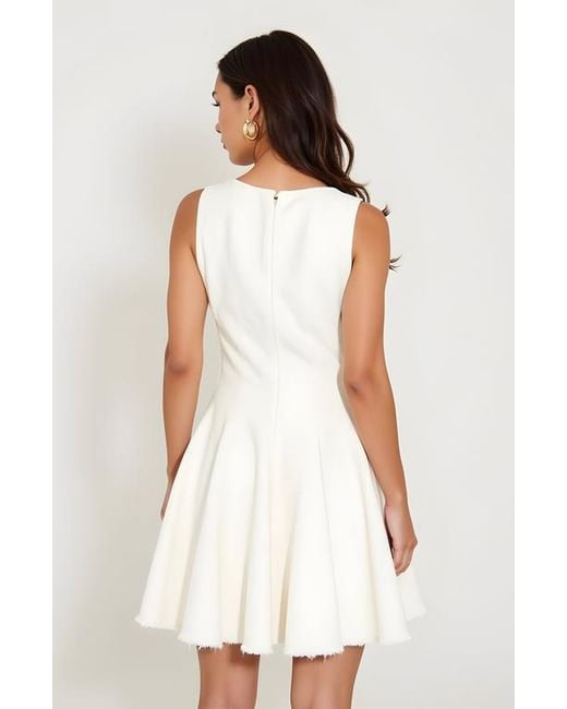 Modenaire White Sleeveless Fit And Flare Dress With Raw Edge Hem And Seam Detailing