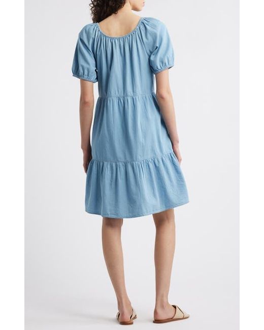 beach lunch lounge denim dress Beach Lunch Lounge Amie Convertible Neck Tiered Cotton Dress in Blue