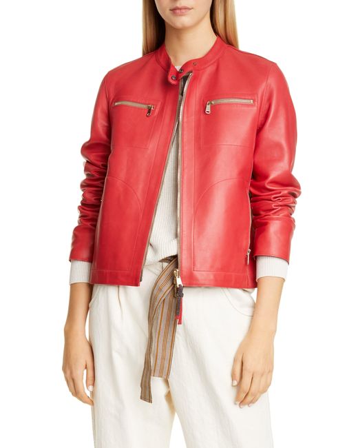 Brunello Cucinelli Red Leather Racer Jacket