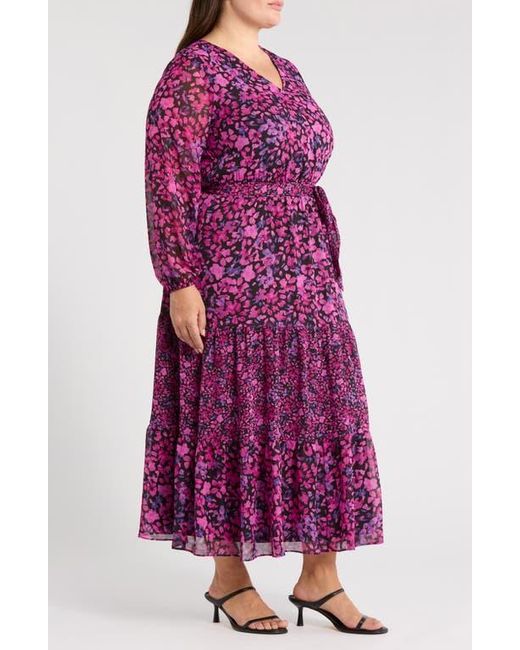 Kasper Purple Floral Long Sleeve Tiered Maxi Dress