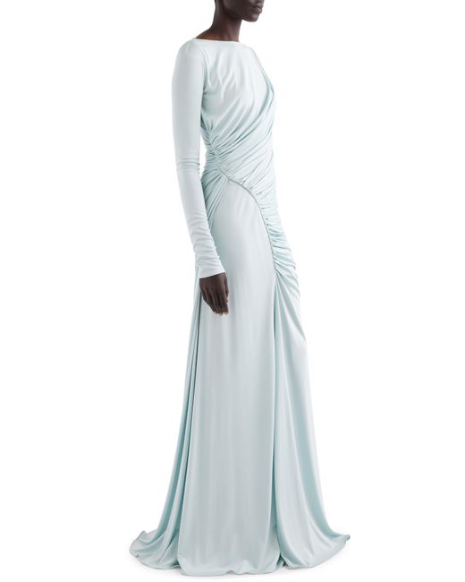Givenchy Blue Long Sleeve Draped Jersey Evening Gown