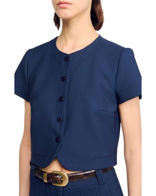 Sandro Blue Rounded Hem Buttoned Crop Top