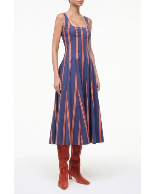 Staud Purple Wells Stripe Stretch Cotton Fit & Flare Midi Dress