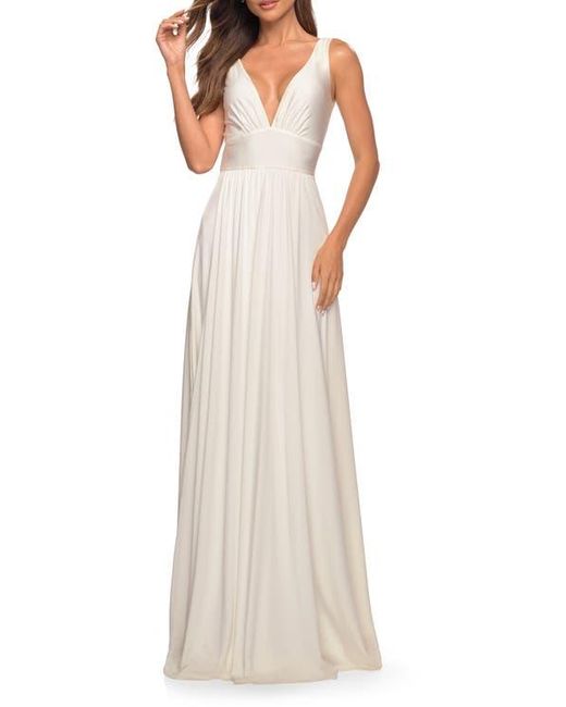 La Femme White Empire Waist Gown With Deep V Neckline