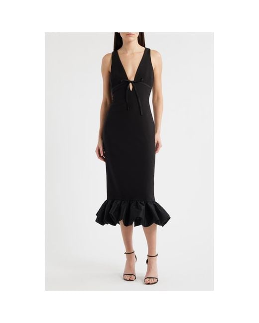 Likely Black Balta Ruffle Hem Mixed Media Cocktail Midi Dress