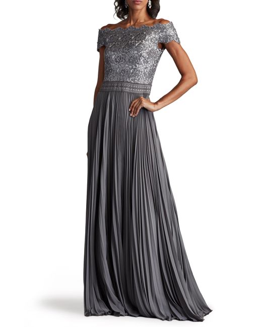 Tadashi Shoji Black Off The Shoulder Sequin Lace Pleated Gown