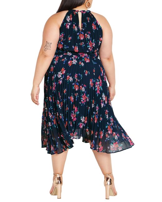 City Chic Blue Floral Pleated Midi Dress