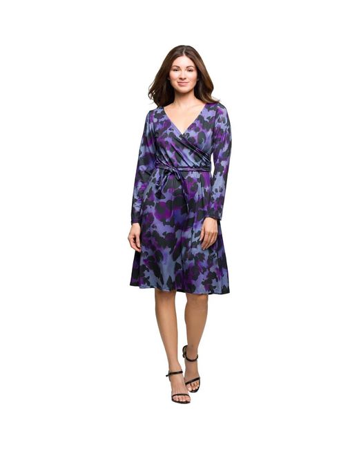 24seven Comfort Apparel Women's Blue Long Sleeve Wrap Dress With Belt Print