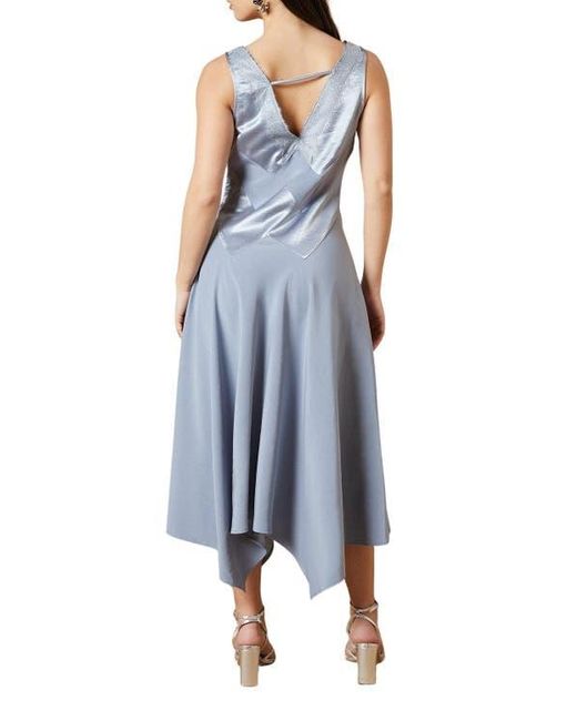 Oasis Blue V-Neck Mesh Asymmetric Midi Dress